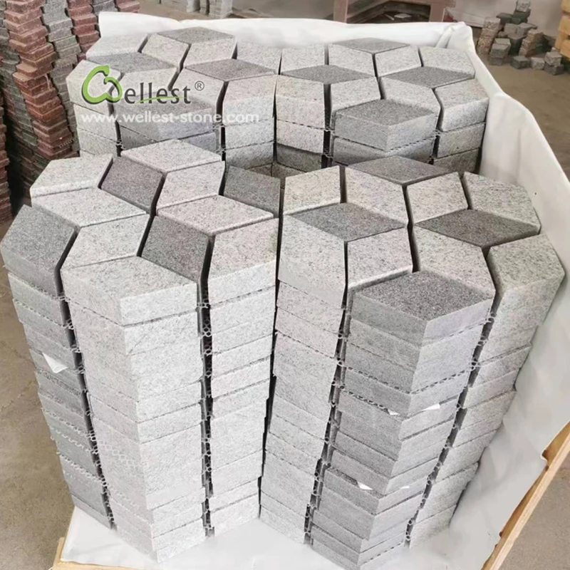 supply golden supplier natural stone grey pattern 3D design granite cobbles stone driveway paver on mesh, plaza paving stone