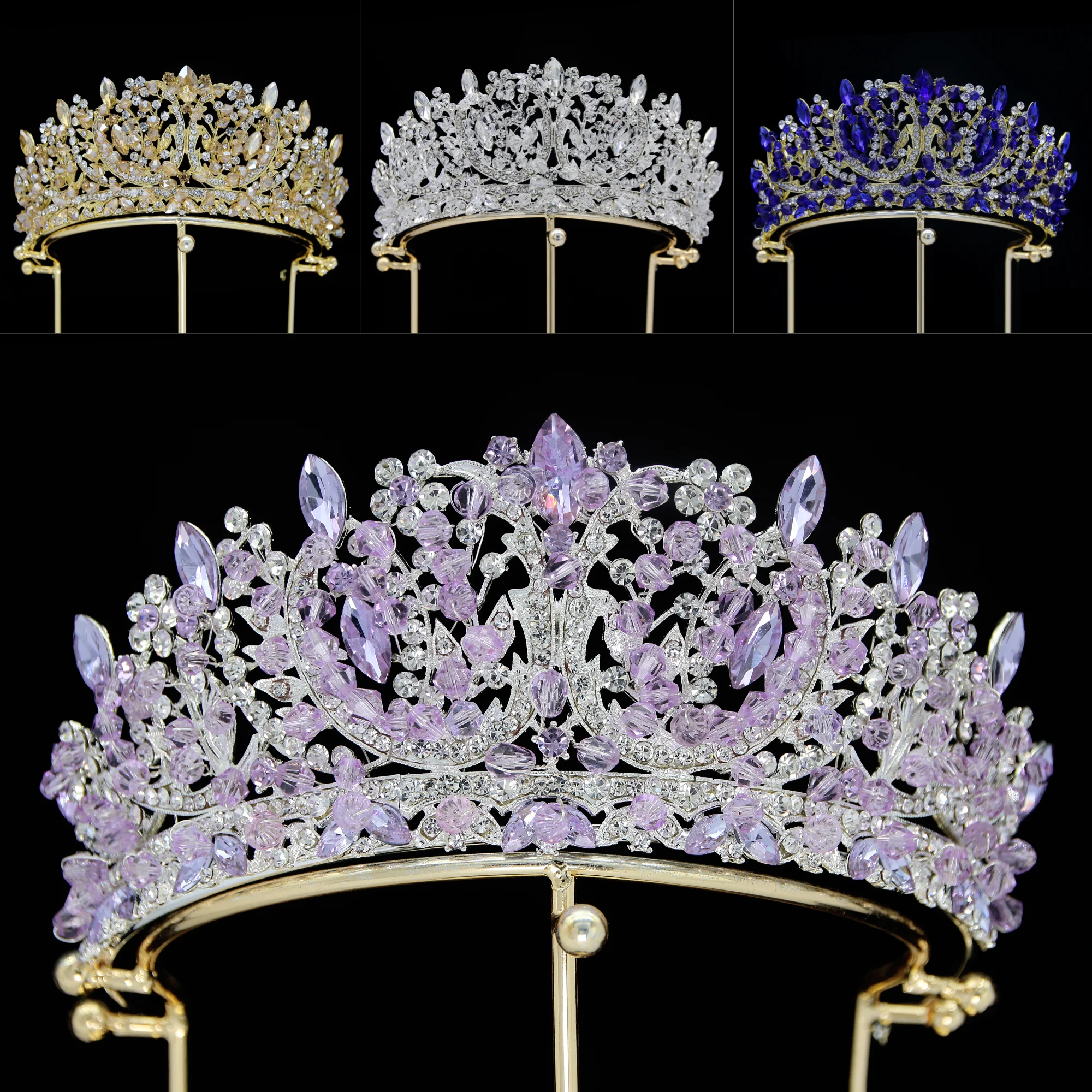 Luxury big Baroque GOLD plated pageant rhinestone gem bridal Crowns and Tiaras for queen