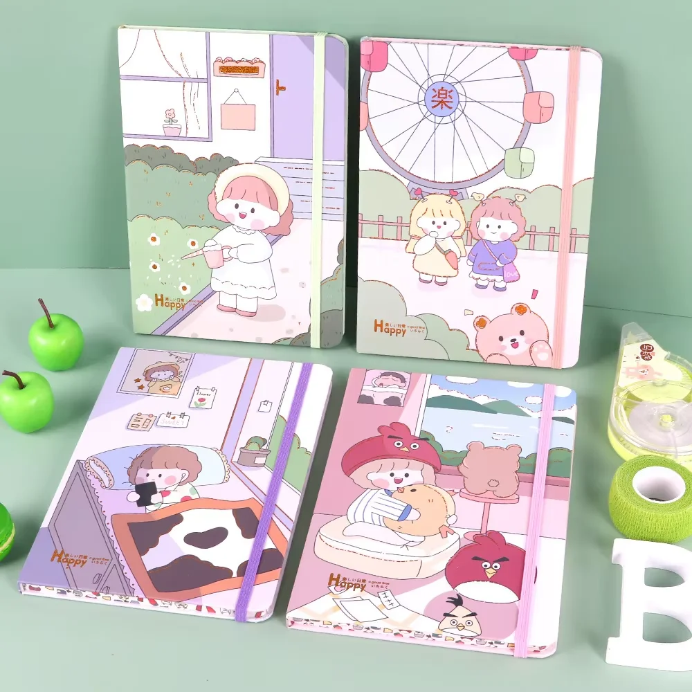 A5 Hardcover Notepad with elastic band Colorful Edge Cute Cartoon 80 sheets lined page Diary Notebook Scrapbook