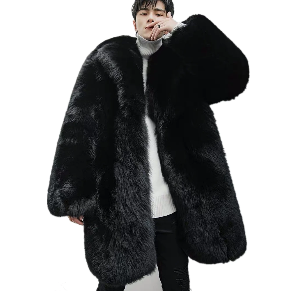Custom Style Men Winter Coat Long Black Fur Coat Real Fox Fur Coat Men