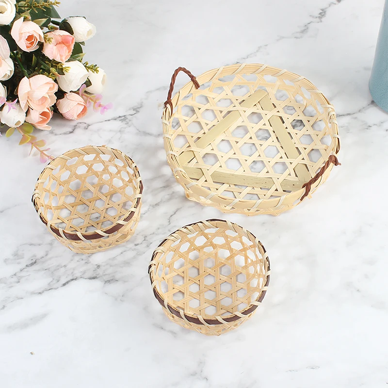 Bamboo Fruit Bread Round Rattan Serving Tray Hand Woven Serving Basket with Handles Natural Restaurant Woven Storage Basket