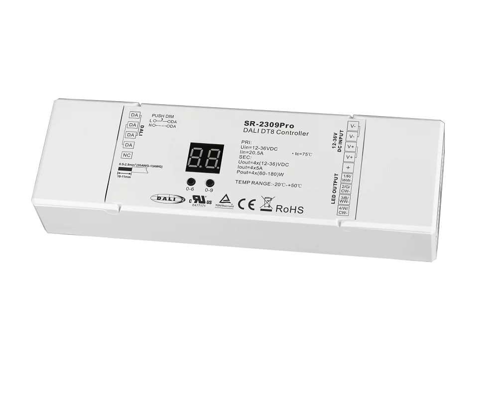 Sunricher 6 in 1 DT8 DC LED Controller DALI-2 Tc RGBWAF XY DT6 OLED Display Push Dim Dimmable Brightness