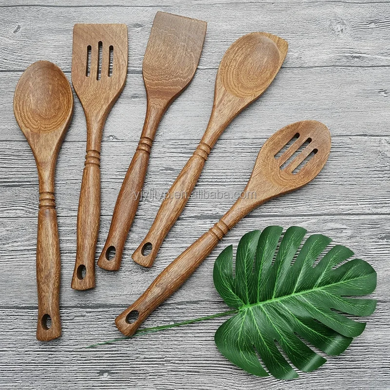 Natural Kitchen Utensil Set Wood Spatula Spoon Nonstick Spoons Cooking 5-Piece Wooden Utensils For Home