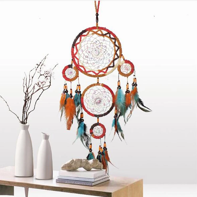 Wholesale Indian Dream Catcher Feather Home Hanging Bedroom Wedding Decor Round Handmade Crafts Five Ring Christmas Dreamcatcher