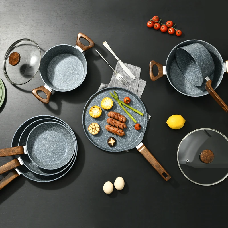 Induction Bottom Pans Set 20-28cm Durable Granite Non Stick Coating Granite Forged Aluminum Fry Pan