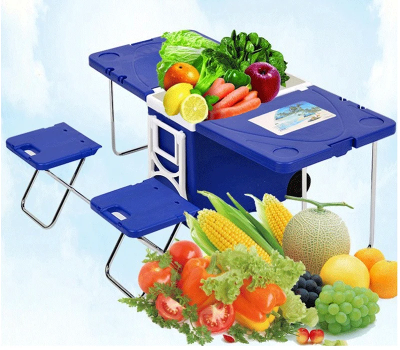  Wholesale Multifunctional 28l Outdoor Portable Plastic Beer Cooler Box With Table And Chair Foldable Camping