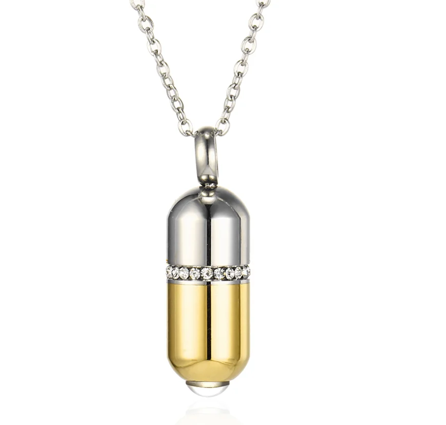 Stainless Steel Gold Crystal Capsule Locket Cremation Urn Pendant Necklace Pill Case Perfume Pendant Keepsake Jewelry For Ash