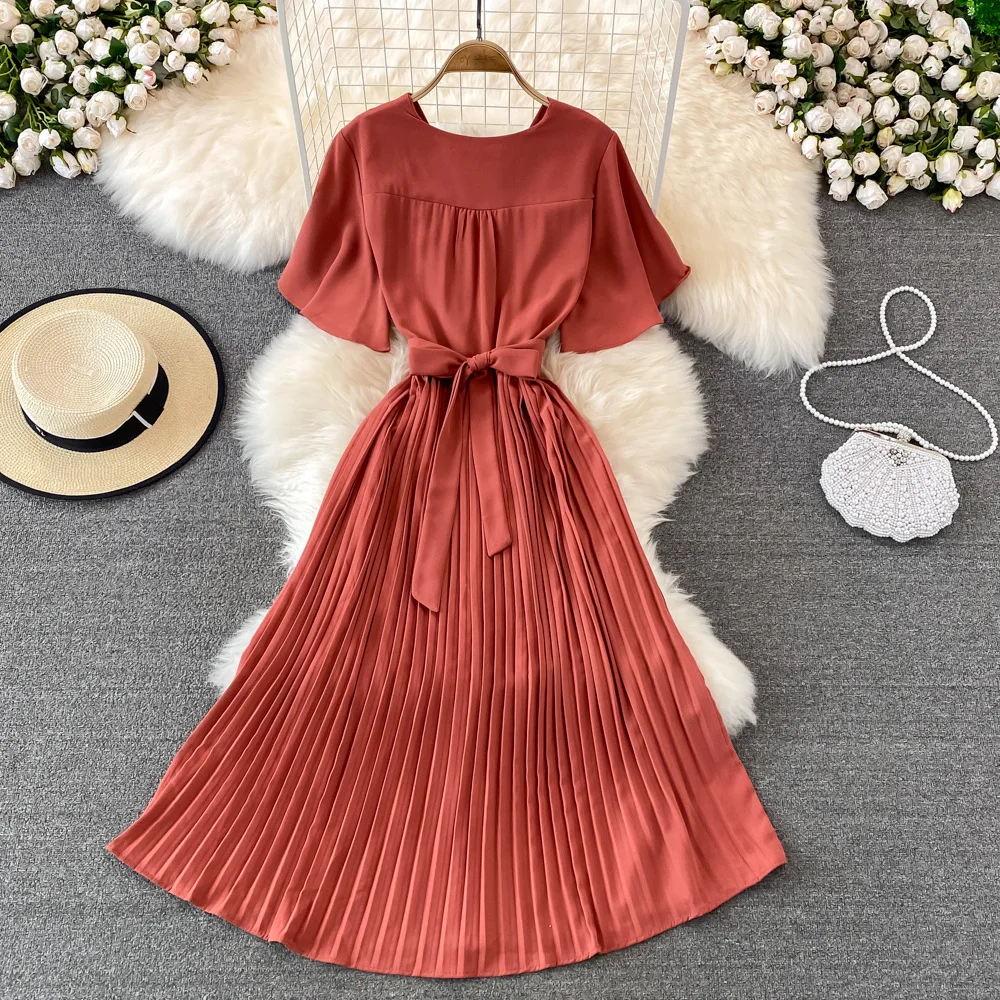 summer short sleeve evening Vintage V neck dress fashion Casual pleat high waist dresses for women