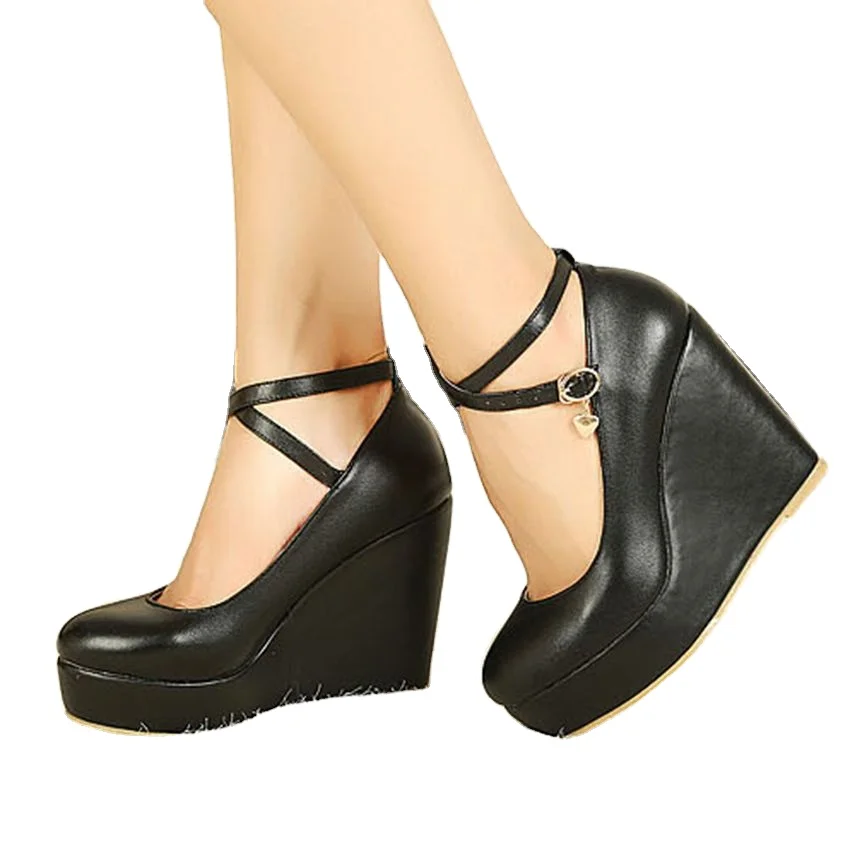 Black Ankle Strap Round Toe Platform High Heels Wedge Pump Shoes Daily Platform Wedge Shoes Heels (1600130052191)
