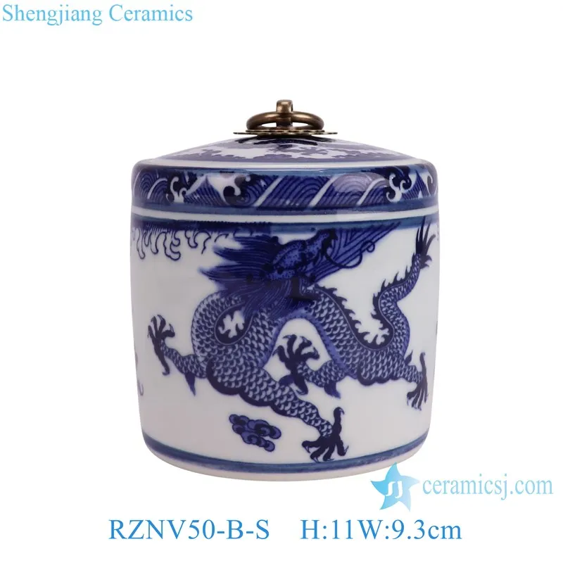 RZNV50-B-S-M-L-XL Chinese handmade blue and white porcelain dragon pattern copper ring cover ceramic tea storage jar