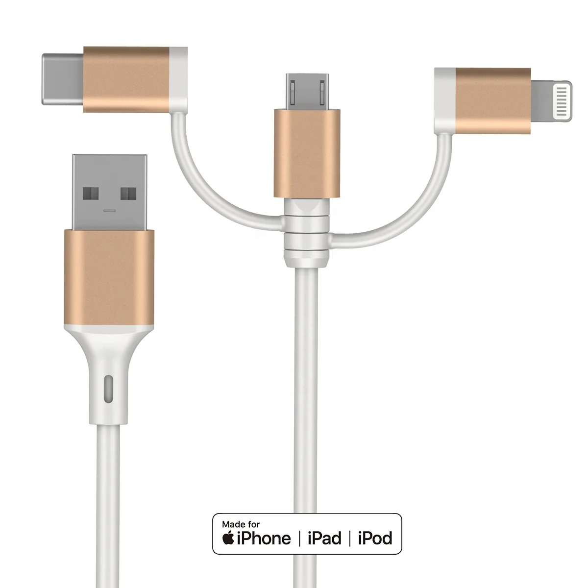 3 In 1 Charger USB Data Cable Fast Charging Adaptor Micro B Type C Mfi Certified Lightning Cable
