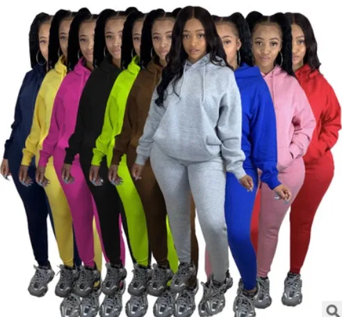 Two Piece 2021 Winter Clothes for Women Casual Hoodies Track suits Solid Color Women Sweatsuit Set 2 Piece outfits