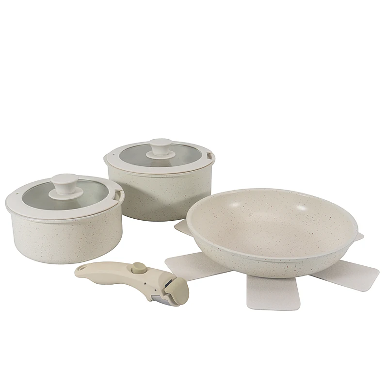 Factory Direct Sell Granite Removable Handle Stack Fry Pan Casserole Cookware Set For Cooking