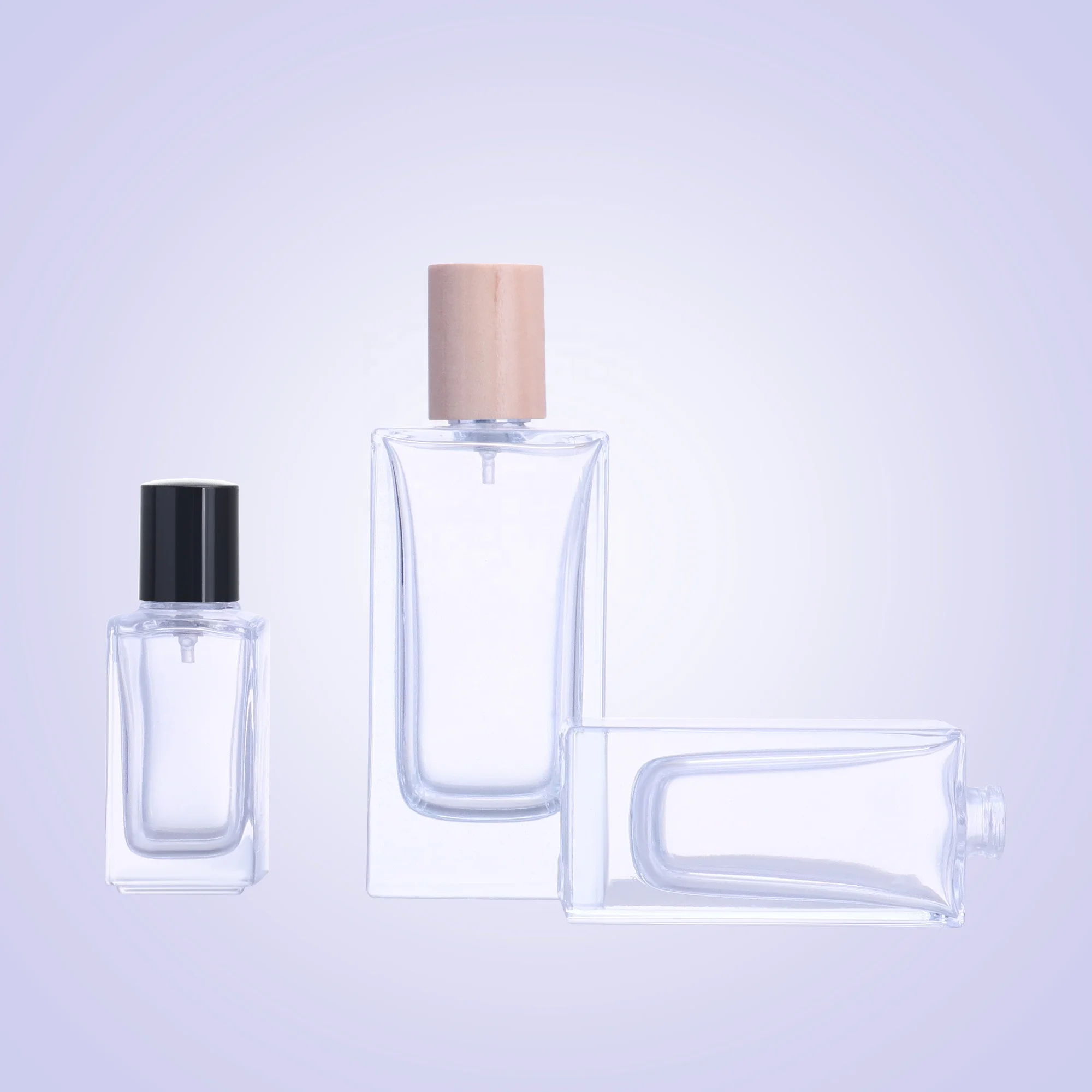 30ml 35ml 50ml 100ml Spray Simple Glass Empty  Refillable Square Perfume Bottle With Wooden Cap