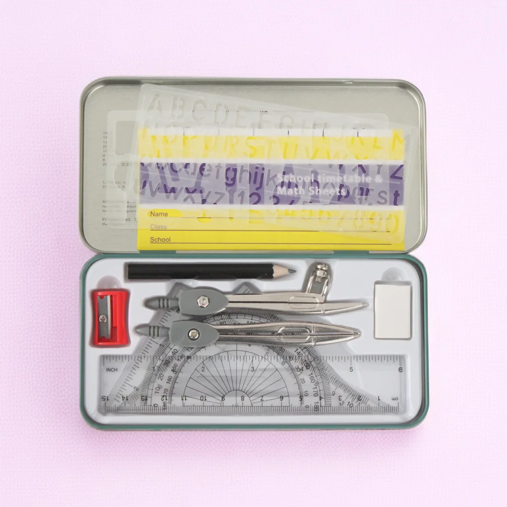 Tin Mathematical Set/Four Design Geometry Box/12Pcs Math Set/Student Geometry Set