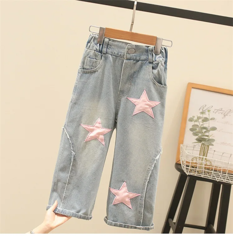 New fashion 2 Pcs girls clothing set short sleeve cartoon printed T-shirt + star jeans pants outfits for girls
