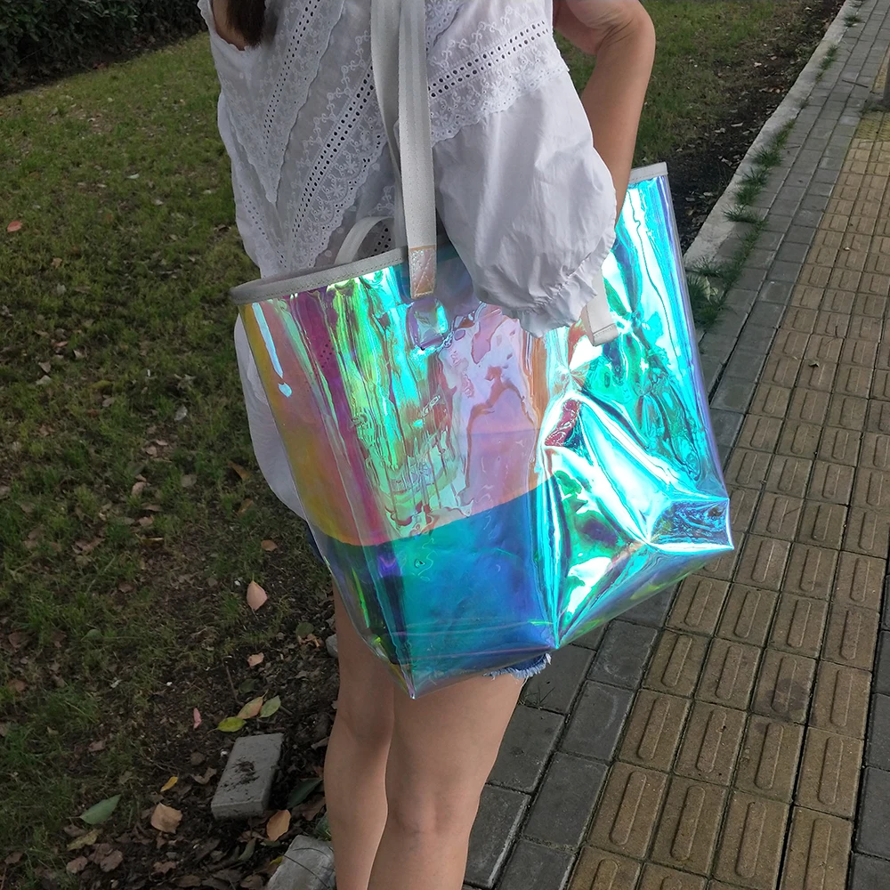 
Hign quality Fashion Iridescent ladies backpack TPU bag waterproof Makeup Wash women Colorful bag 