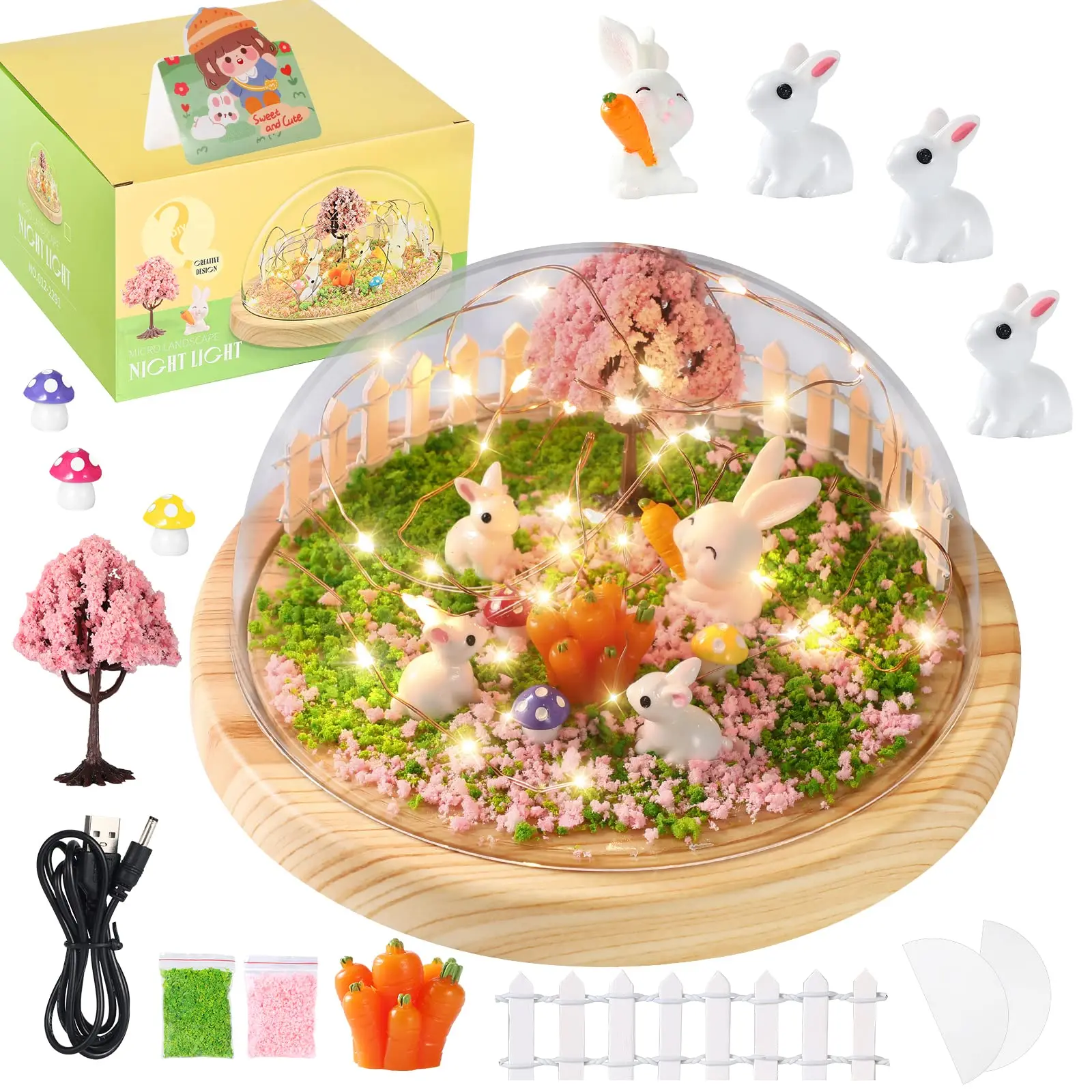 Small Scene Rabbit Bunny Tiny Carrot 3D Led Night Lamp WIth Wooden Base Craft Kit
