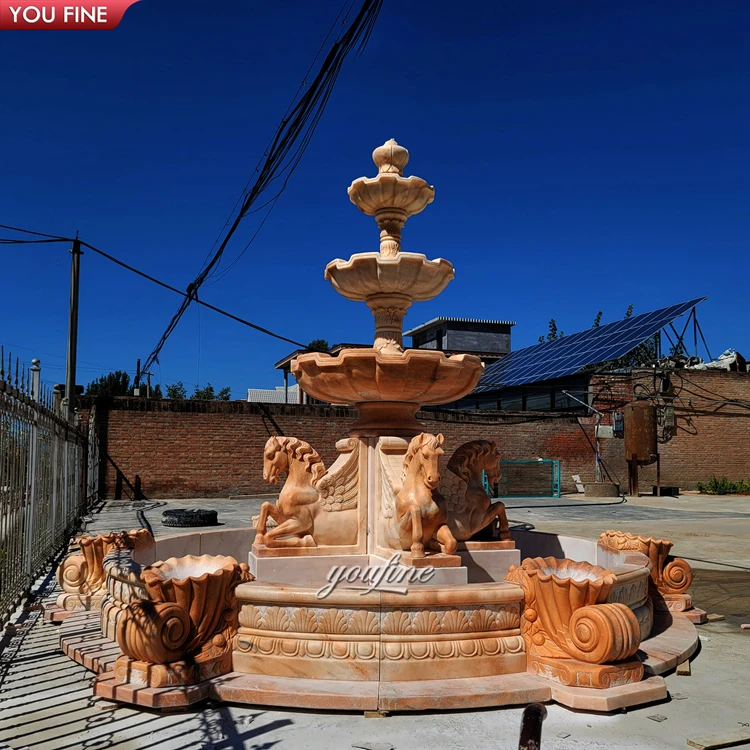 Outdoor Garden Hand Carved Natural Sunset Red Marble Horse Fountain