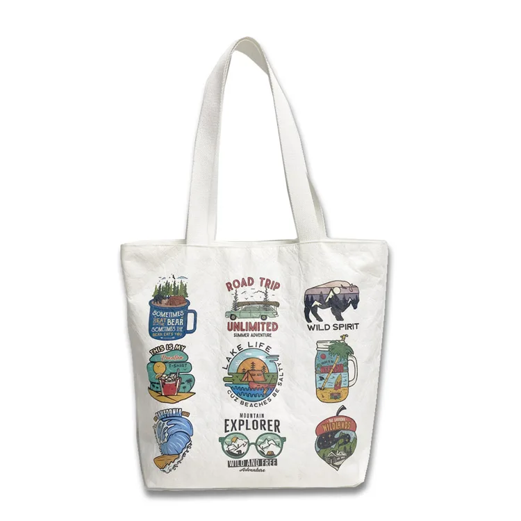 Custom Sublimation Print White Washable Dupont Tyvek Kraft Paper Tote Shopping Bag