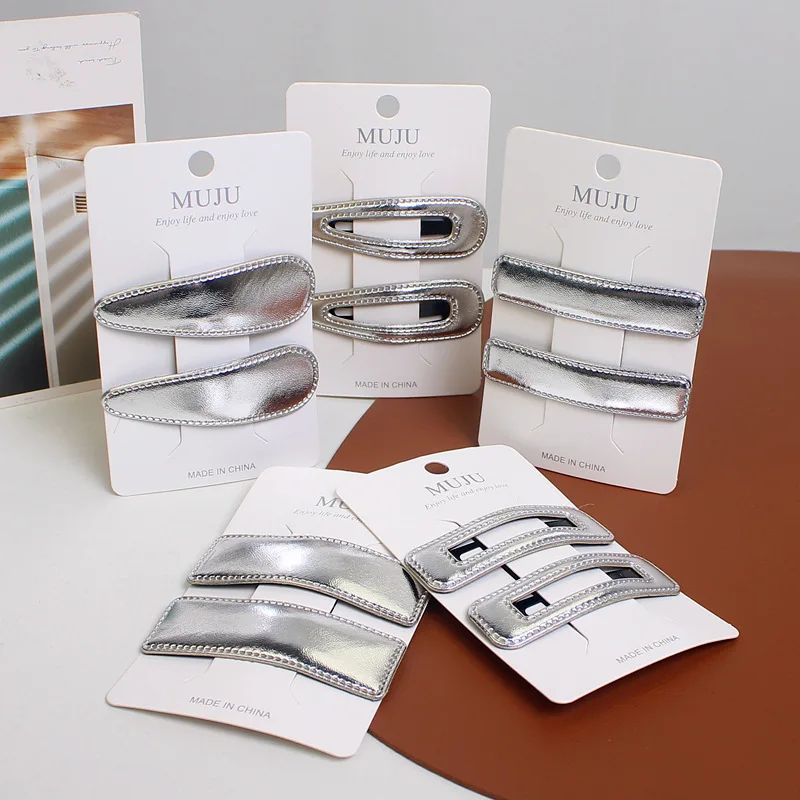 Y2k Sweet Cool Silver PU Leather Heart Star Hair Clips 2Pcs/set Korean Side Clips Bangs Clips