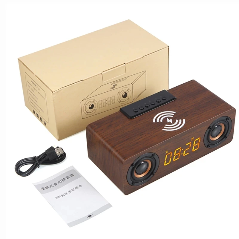 portable wooden wireless speaker K1 support TF card play quickly fast wireless charger led panel showing alarm clock FM AUX