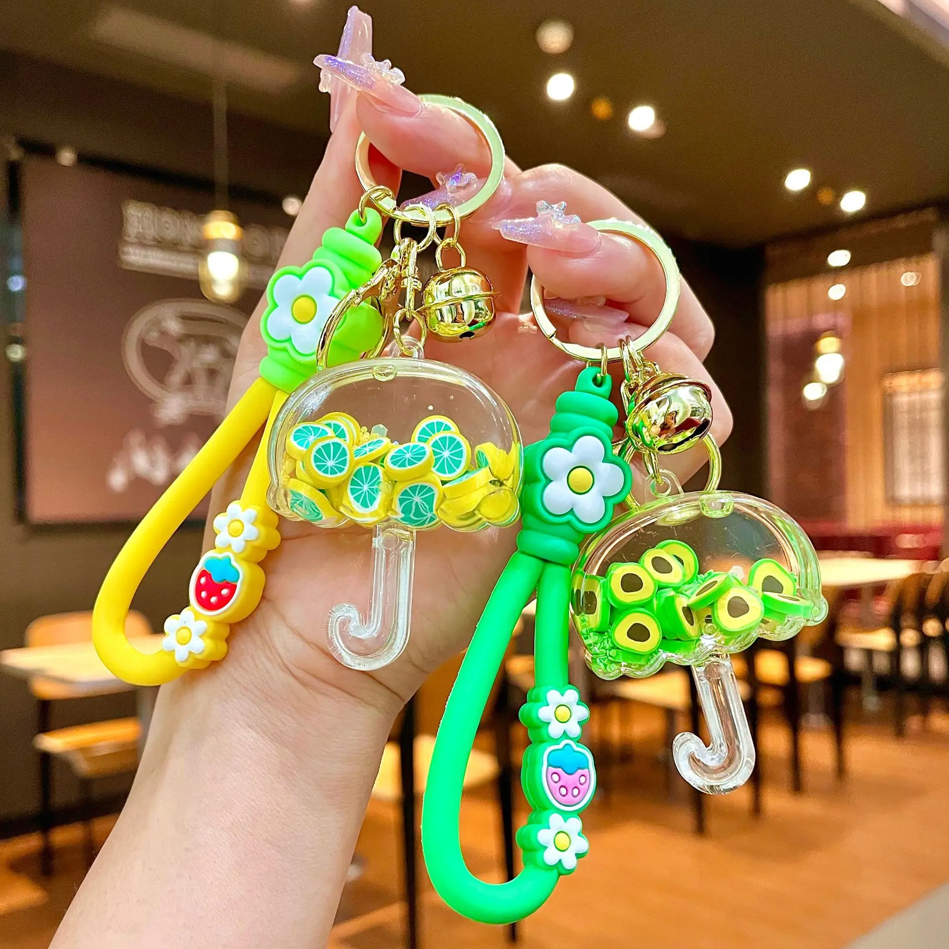 Oil Fruit Quicksand Bottle Key Chain Strawberry Lemon Grape Apple Avocado Umbrella Keychain Liquid