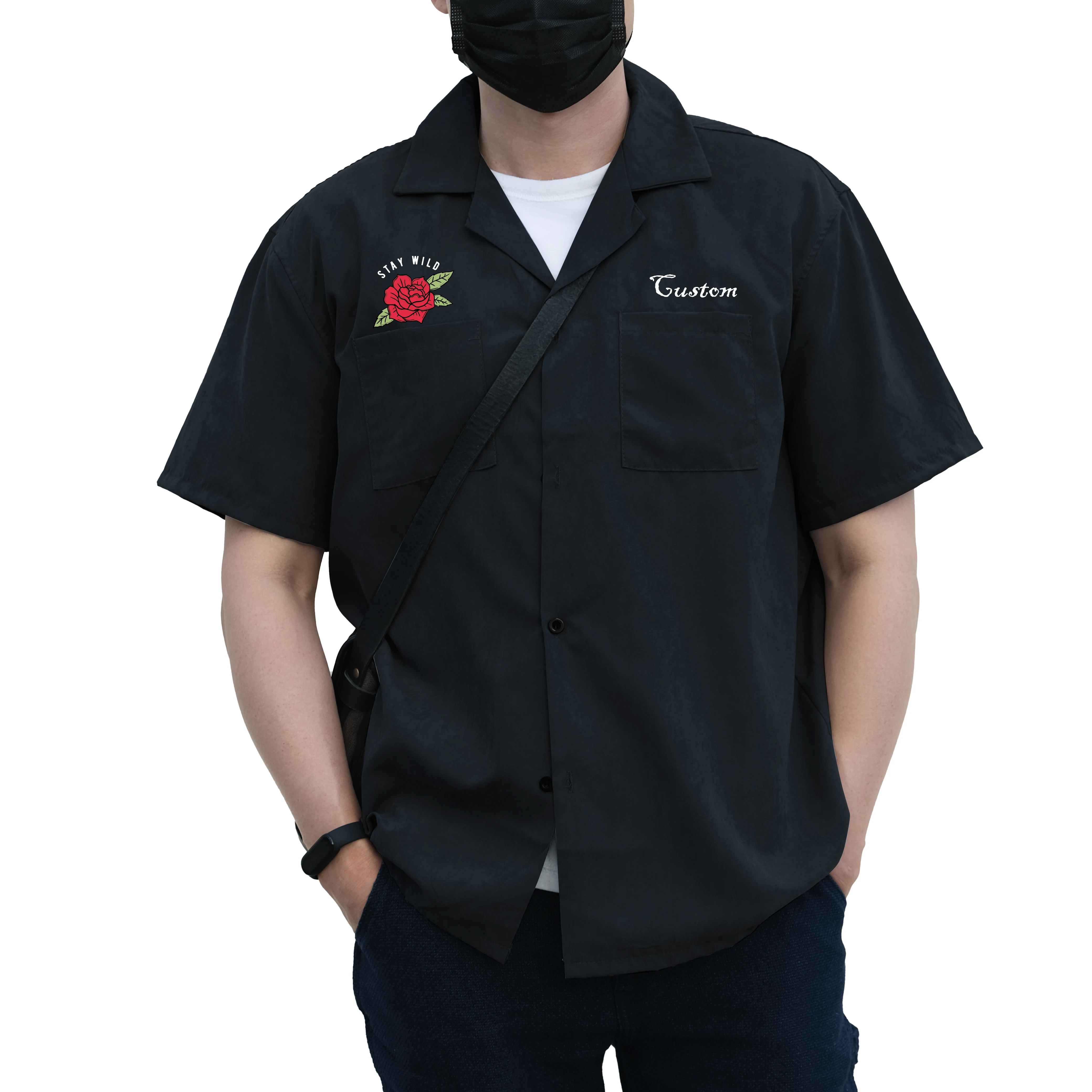 Wholesale Custom Logo Mens Camp Collar Uniform Printed Open Button Up Half Sleeved Letter Two Pocket Plaid Casual Shirts For Men