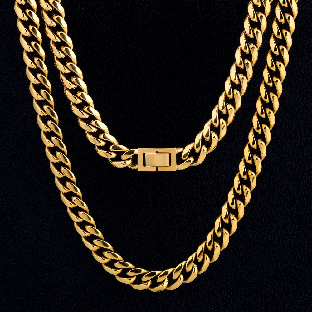 KRKC Drop Shipping RTS Stock Low MOQ 10mm 18-26inch 18K Gold Plated Stainless Steel Miami Cuban Link Chain Necklace Wholesale