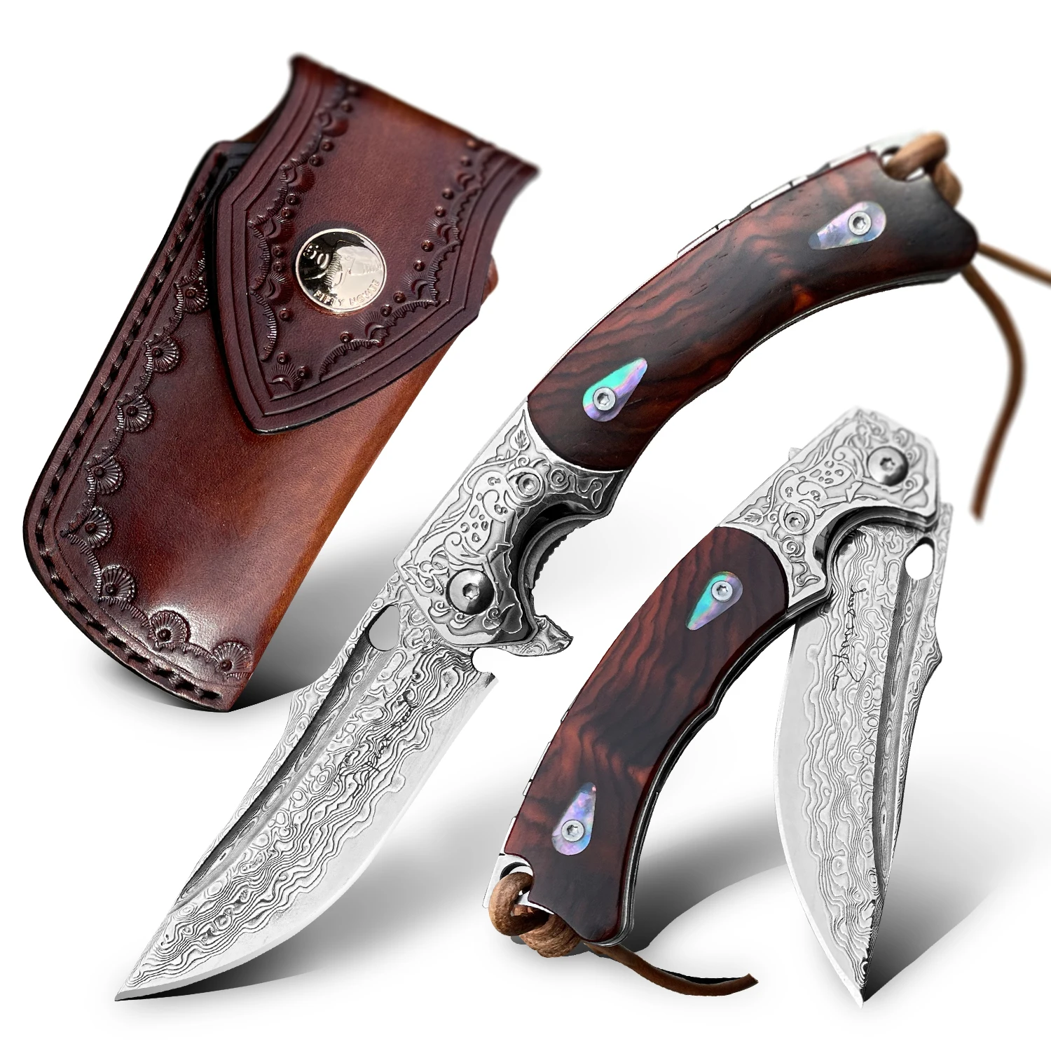 High Quality Damascus Sheathed Shell Handle Portable EDC Knife for Survival Gift Collection