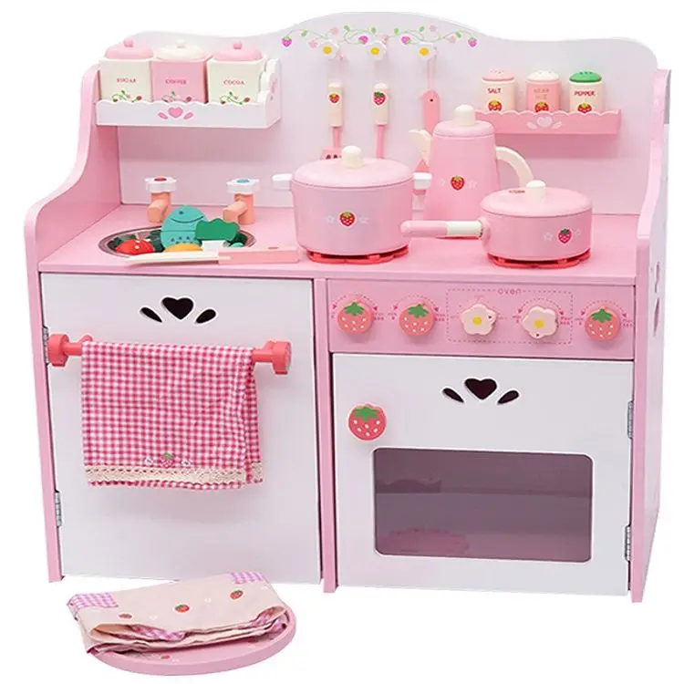 Mini Wooden Kitchen Set for Kids Pink Cabinet Pretend Play with Plastic Food Toy for Girls