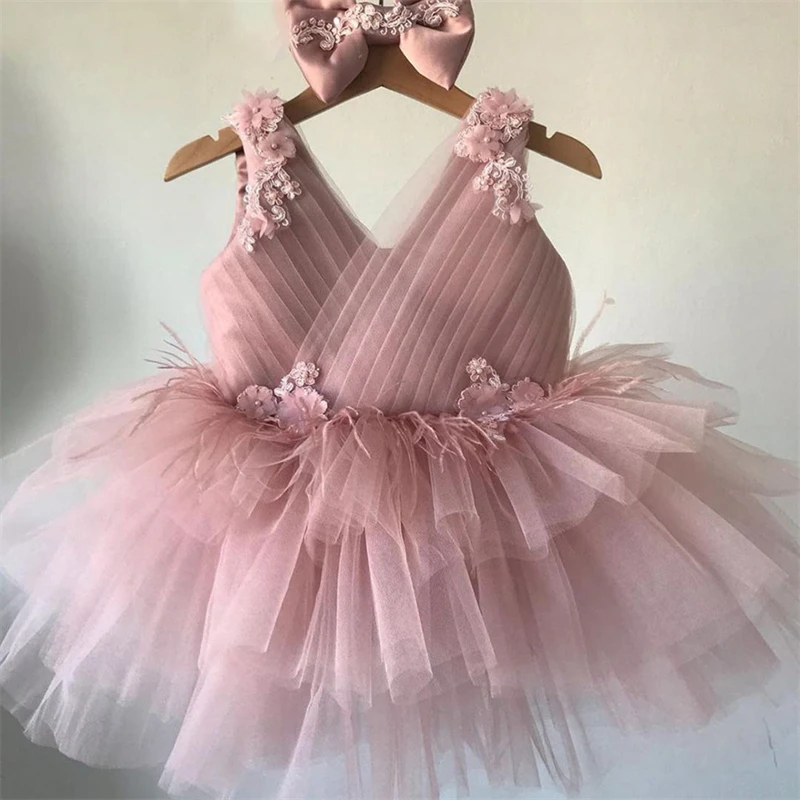 Kids Piano Perform Stage Wear Clothes Dress Pink Princess Tulle Flower Puffy Dresses Baby Girls Party Wear Dresses For Girls
