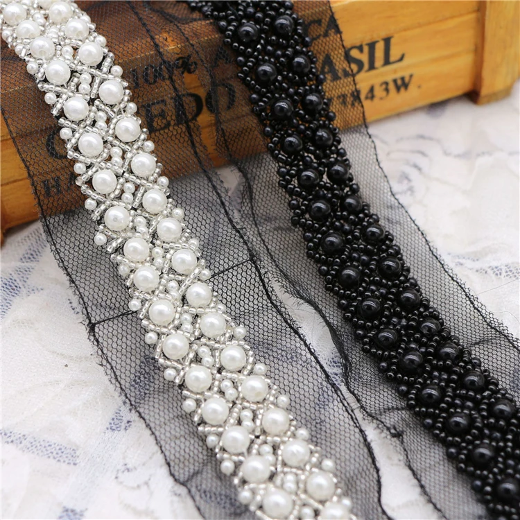 Wholesale High Density Pearl Flower Beads Lace Edge Trim Ribbon French Tulle Lace For For Sewing Evening Dress Handbags