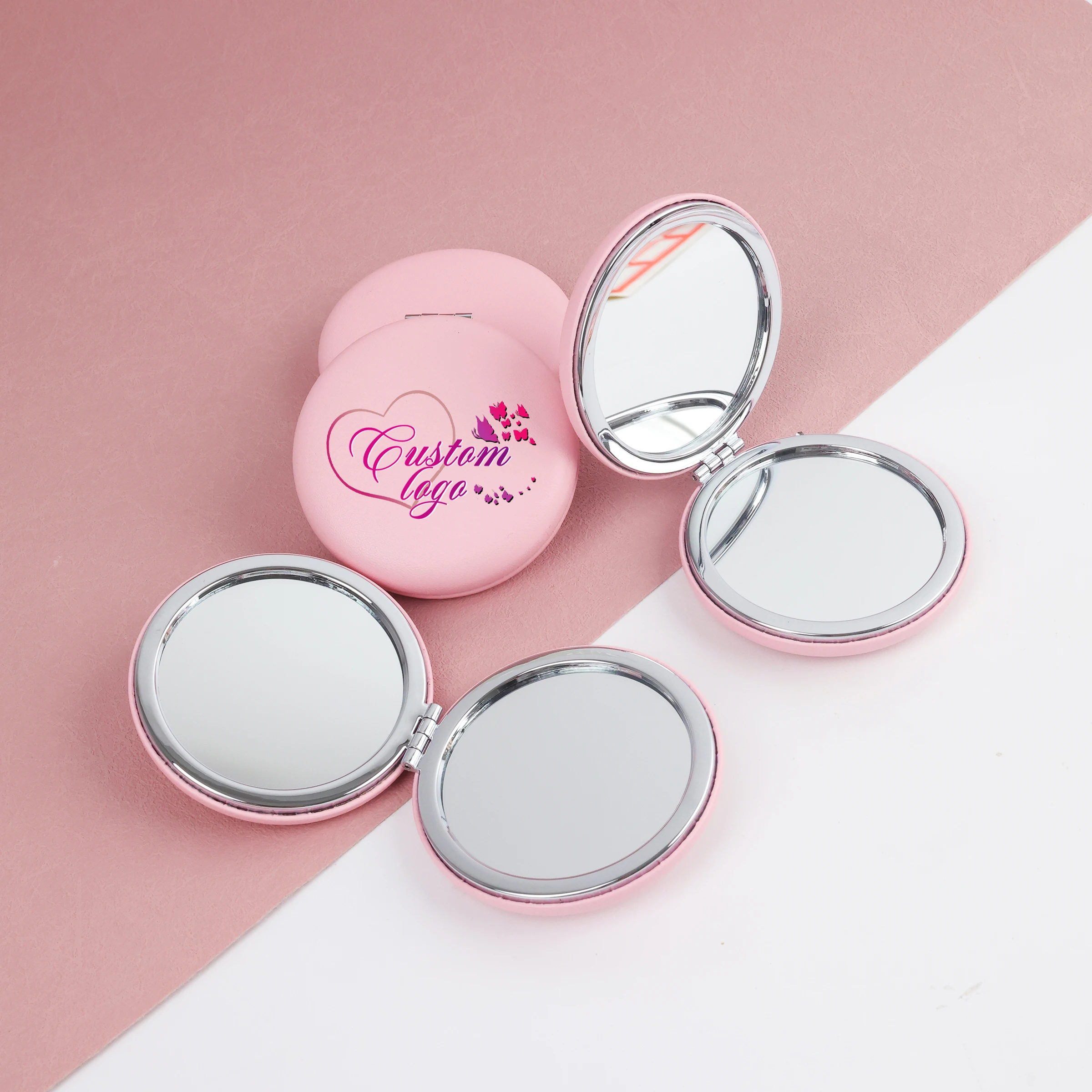 Pink personality double-sided PU mirror round pocket mirror round mini mirror girls makeup