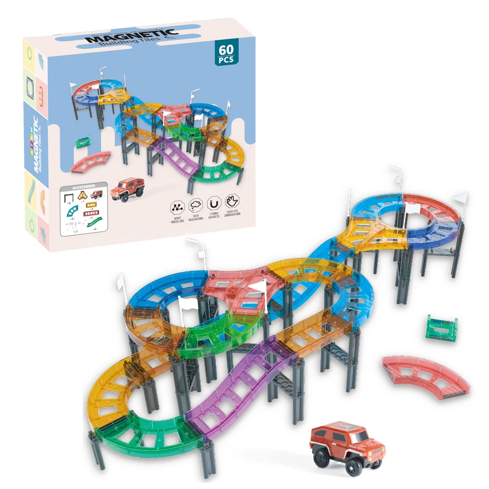Wholesale  costom 60pcs Car Race Track Colorful  Educational Stem Toy magnetic toys For Kids