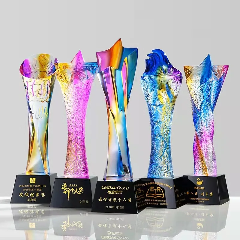 Crystal trophy colorful five-pointed star twisted pillar award souvenirs company school sports event reward engraved with names