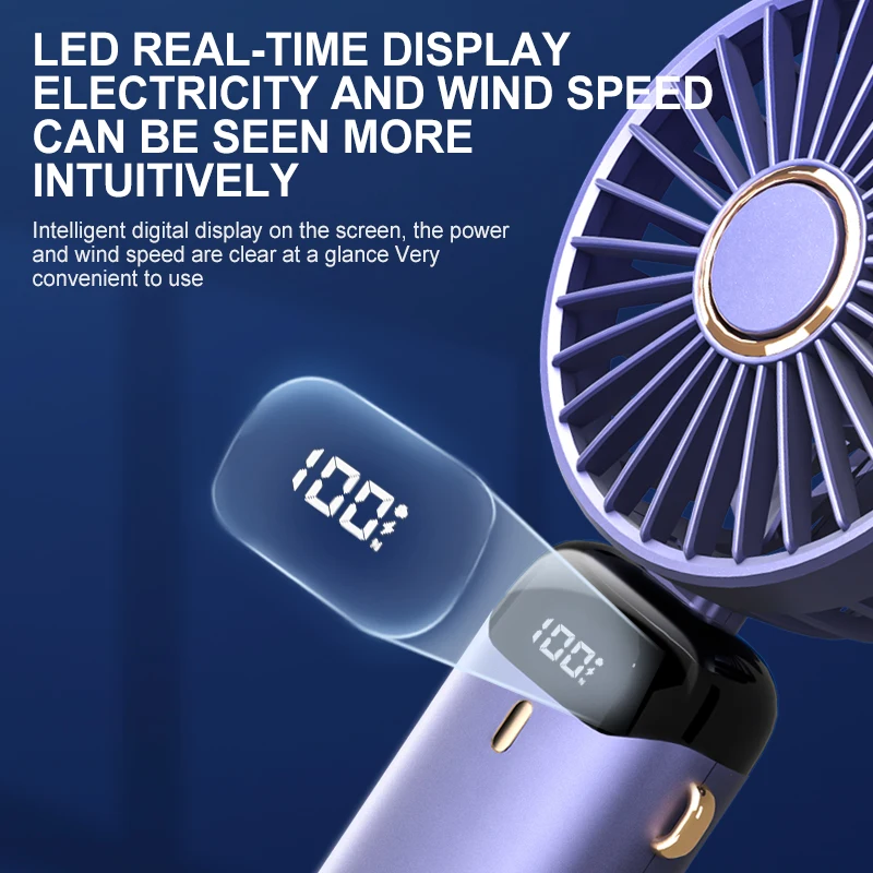 Portable Electric Fan with Smart Led Digital Display Usb Rechargeable Mini Handheld Fans 5 Speed Adjustable Personal Fan