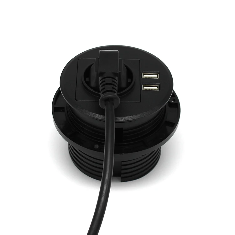 Mounted Tabletop Round EU Standard Schuko Power Outlet with Dual USB Charger Ports/ Embedded European AC Power Furniture Socket