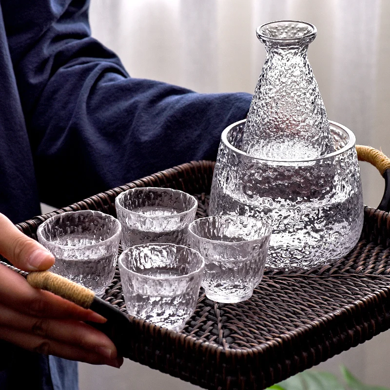 ZENS Sake Set Glasses 6.7 Ounce Sake Carafe Bottle with holder and 4 Saki Cup Set for Warmer or Cold Japanese Wine Warmer Sets