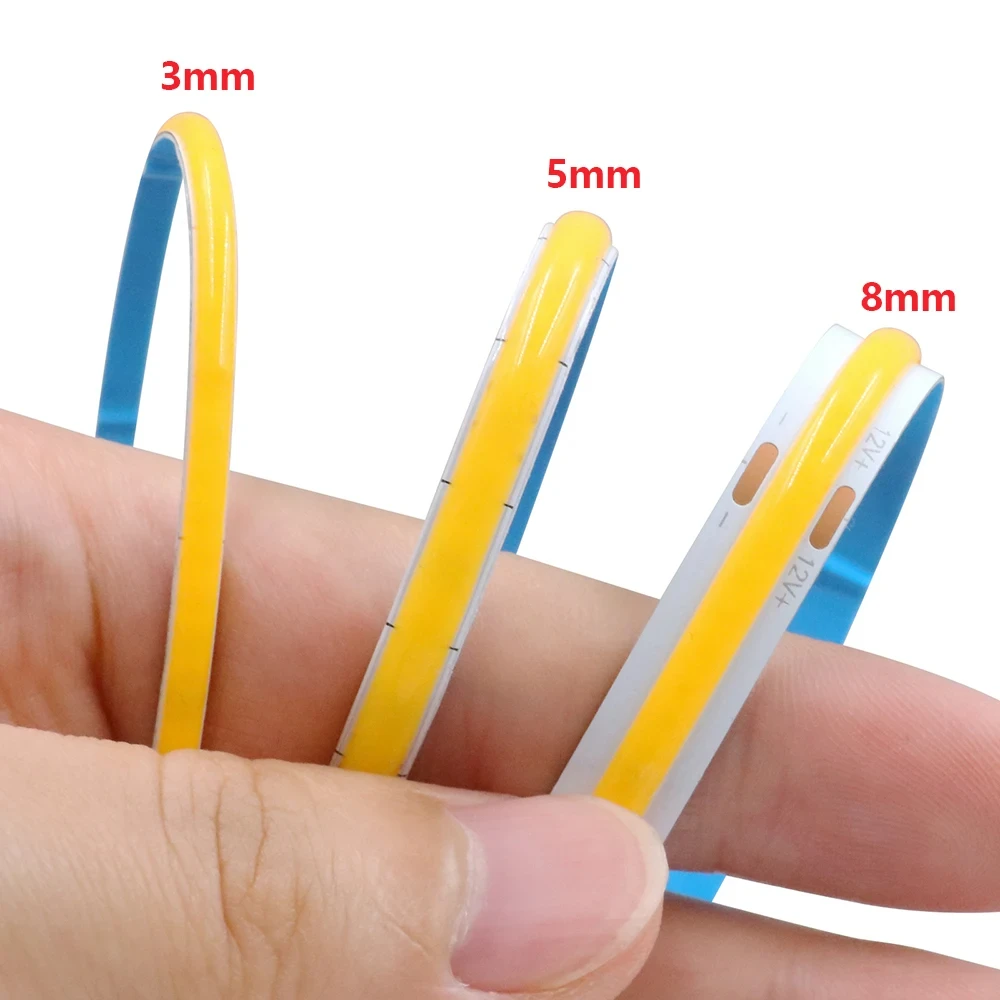 COB LED Flexible Strip Light 12V/24V 384LED/m High-Density Tape 3000K/4000K/6000K Slim 8mm PCB with DC Plug