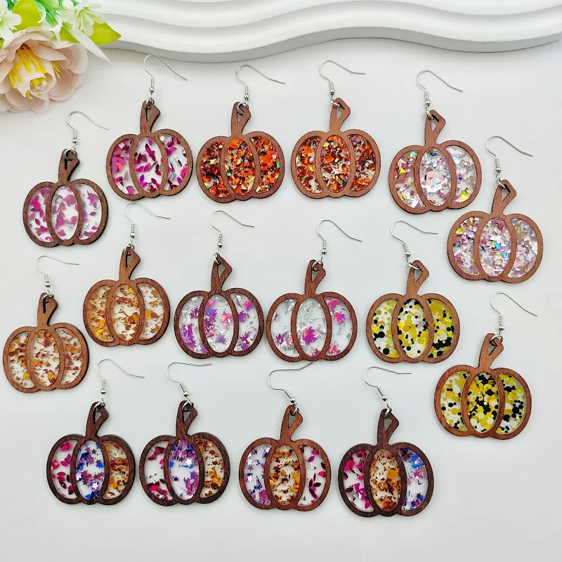 Halloween Vintage Wooden Pumpkin Pendant Stud Earrings for Women Acrylic Shining Hollow Out Earring Jewelry Gifts