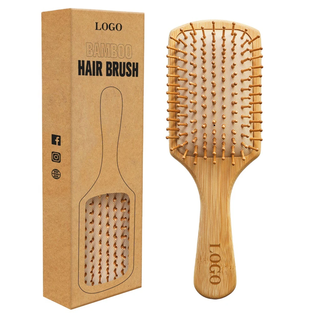 Customized LOGO Natural Bamboo Wood Hair Comb Styling Curly Paddle Bamboo Hair Brush for Home Use Common Comb Set