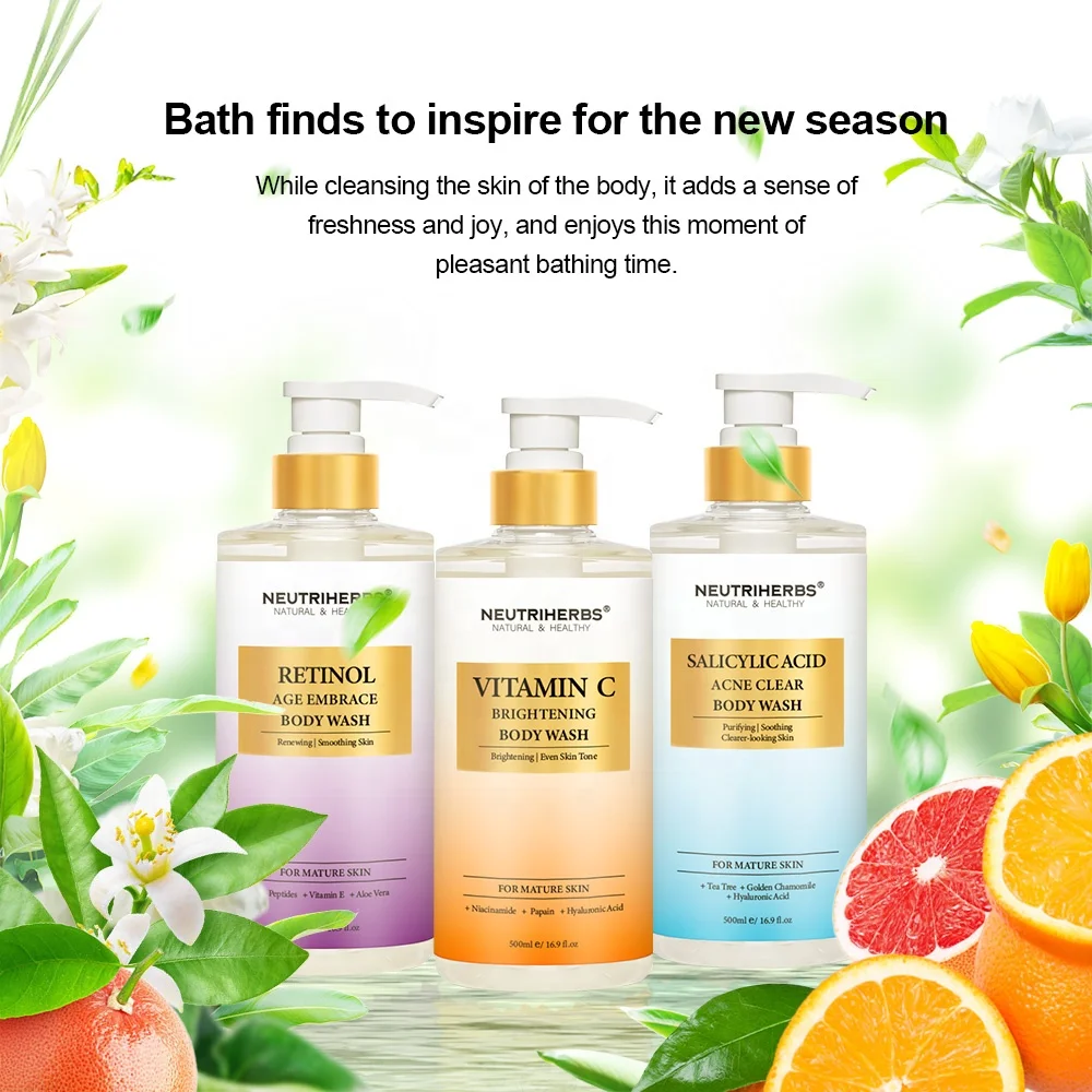 Private label herbal natural skin whitening lightening liquid vitamin c body wash shower gel for men women