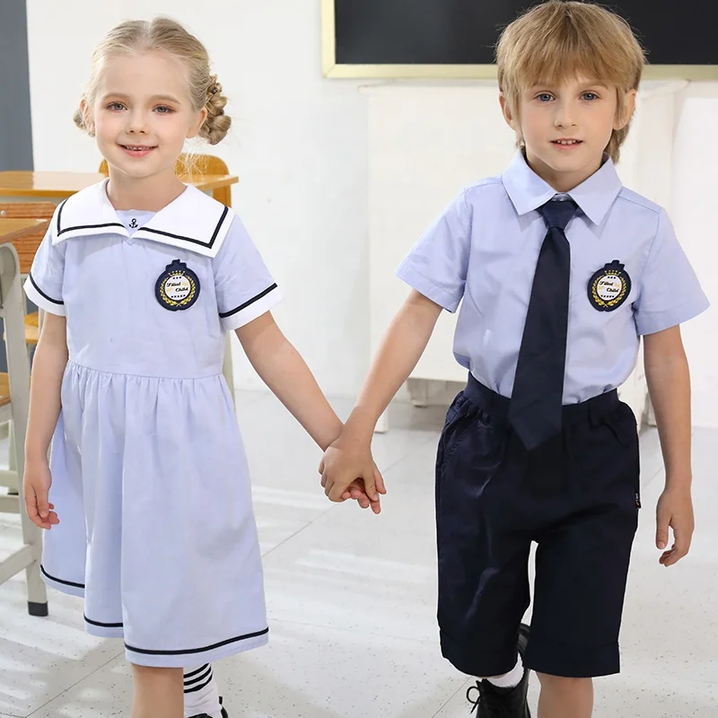 sky blue color upmarket quality sailor style  kindergarten and primary summer school uniform dress and short set