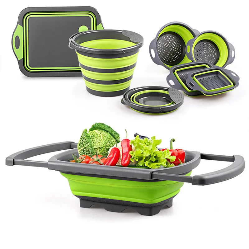 Multifunctional Folding Vegetable Basin Silicone Drain Basket Folding Cutting Board Set Collapsible Colander Set for Kitchen