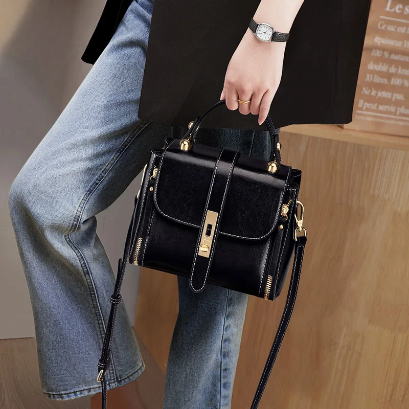 Luxury oiled wax real leather fashion shoulder hand bag clutch manufacturer custom logo purse handbags ladies