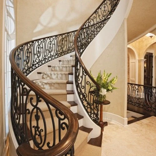 French provincial style interior led lights steel double plate beam timber step curved stairs with wrought iron railing