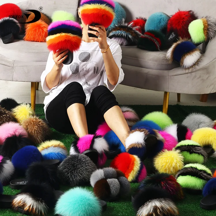 Open Toe Single Strap Slip On Sandals Real Fox Fur Women Multicolor Pvc Bag Accept Customized Logo