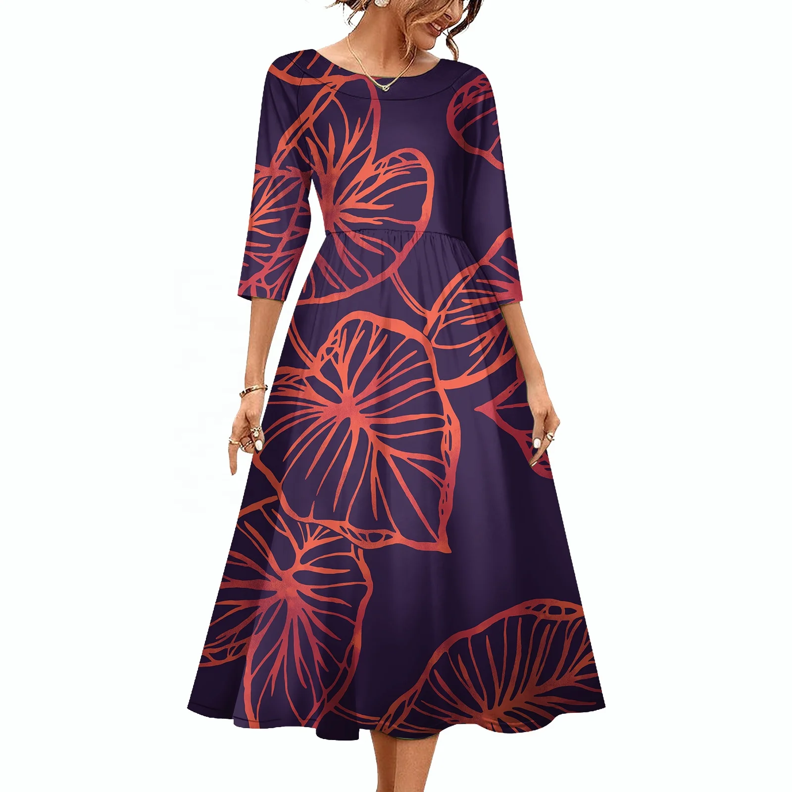 Wholesale Cheap Casual Midi Sleeve Plus Size Autumn Dresses Custom Printed Luxury Hawaii Polynesian Tribal Design Women Dress