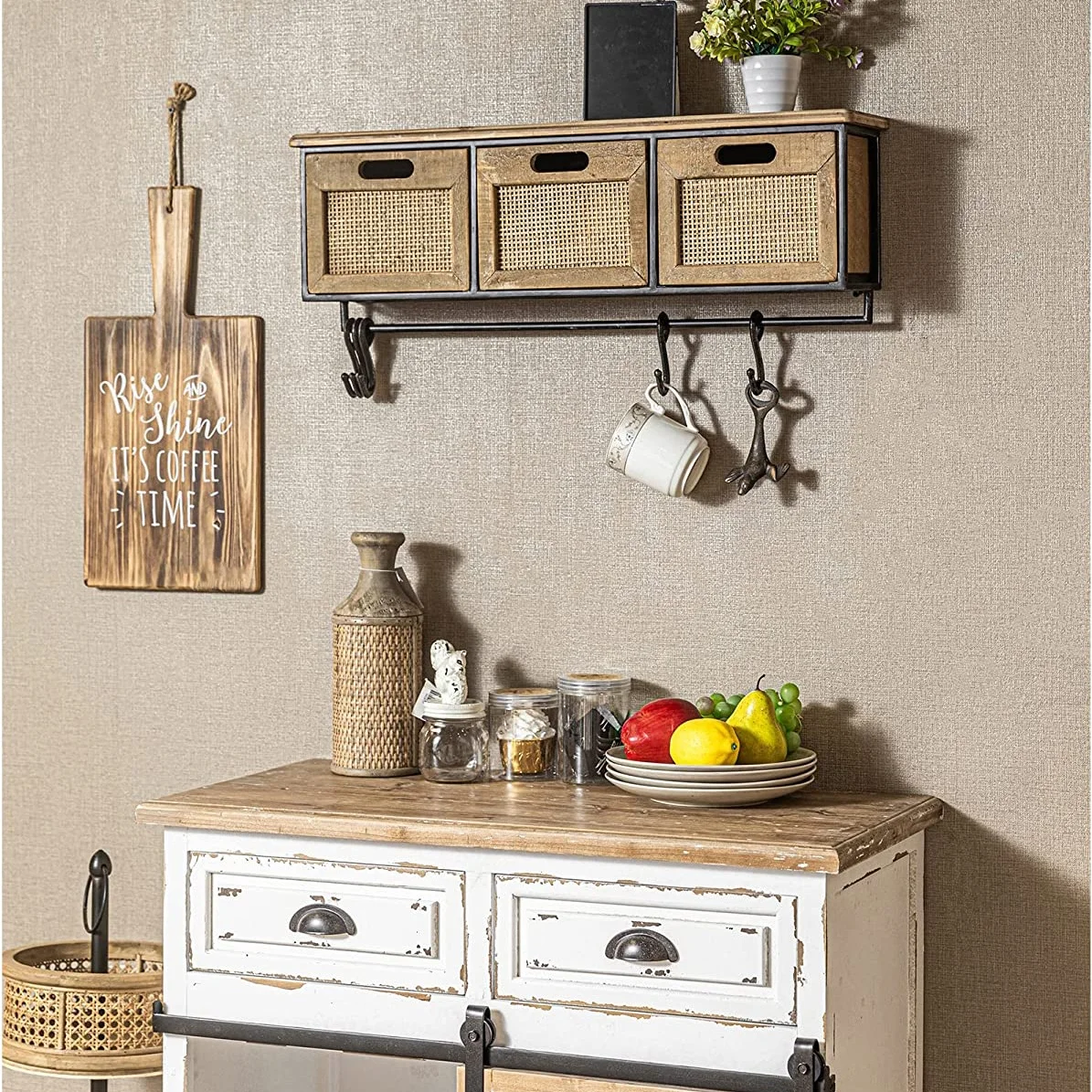 Rustic Wall Mounted Key Coat Rack Storage Shelf Wooden Entryway Floating Hanging Shelf with 5 Hooks 3 Drawers for Living Room